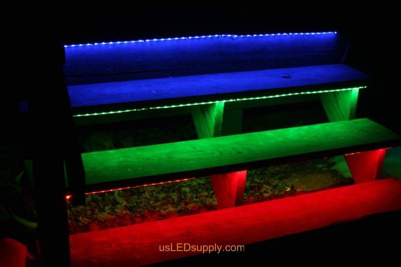 RGB LED Strips light up outdoor stairs.