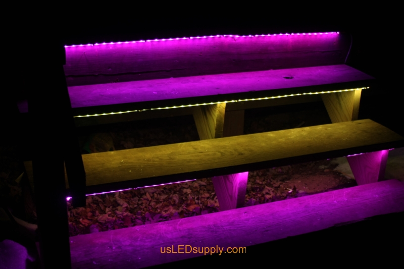 RGB LED Strips light up outdoor stairs.