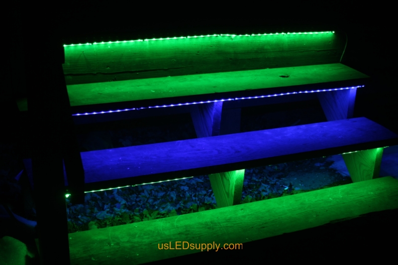 RGB LED Strips light up outdoor stairs.