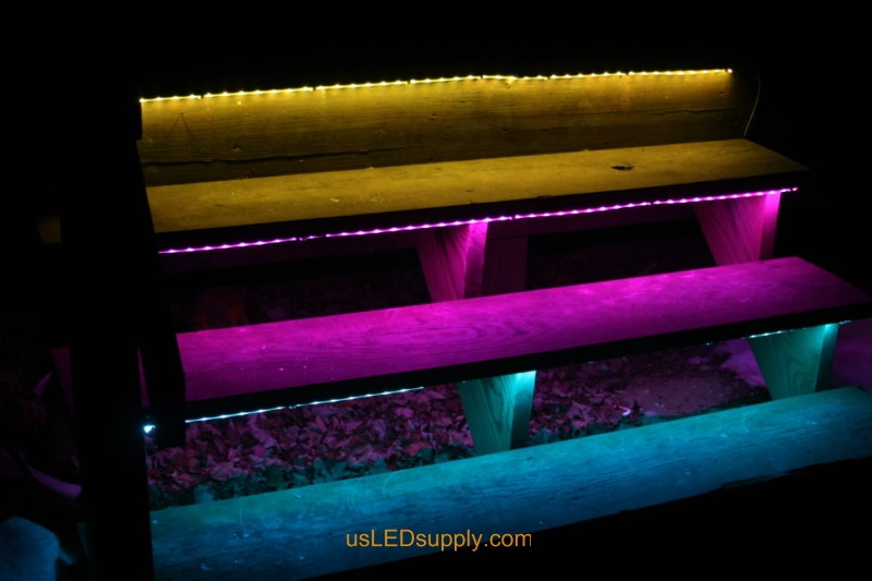 RGB LED Strips light up outdoor stairs.