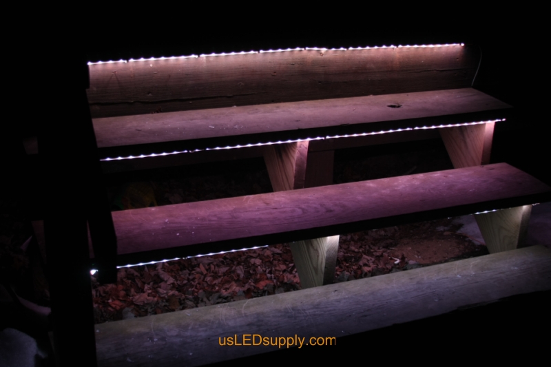 RGB LED Strips light up outdoor stairs.
