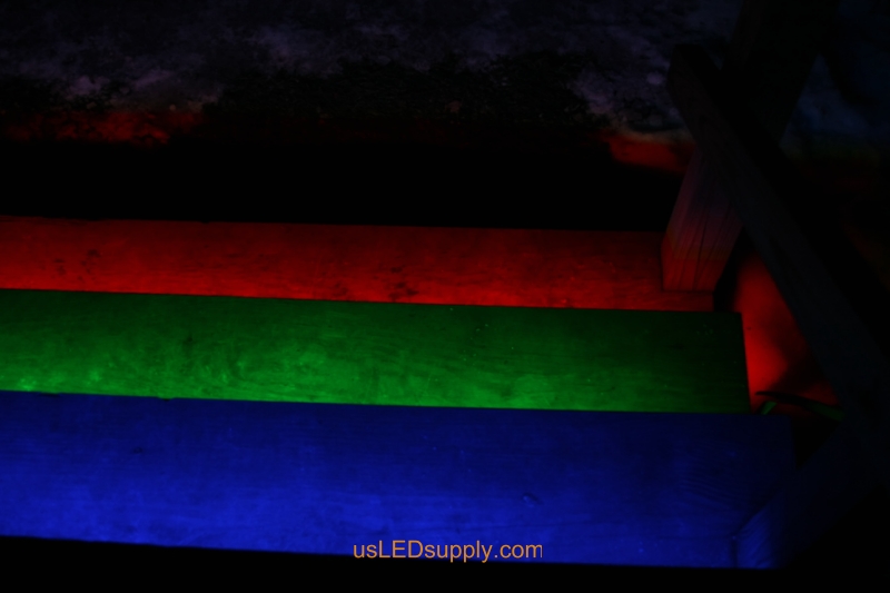 RGB LED Strips light up outdoor stairs.
