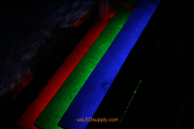 RGB LED Strips light up outdoor stairs.