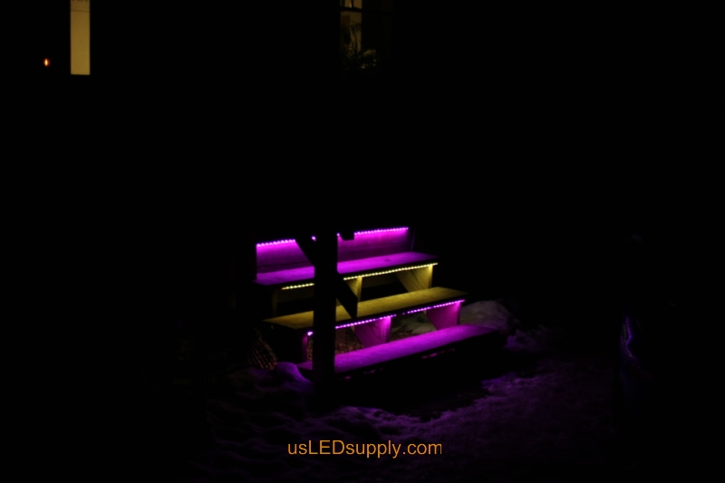 RGB LED Strips light up outdoor stairs.