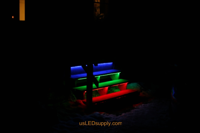 RGB LED Strips light up outdoor stairs.