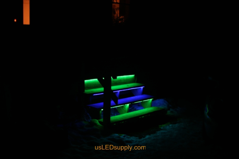 RGB LED Strips light up outdoor stairs.