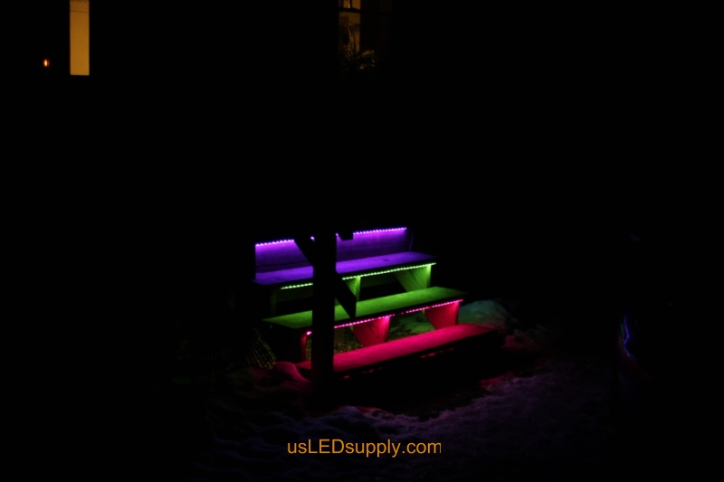 RGB LED Strips light up outdoor stairs.
