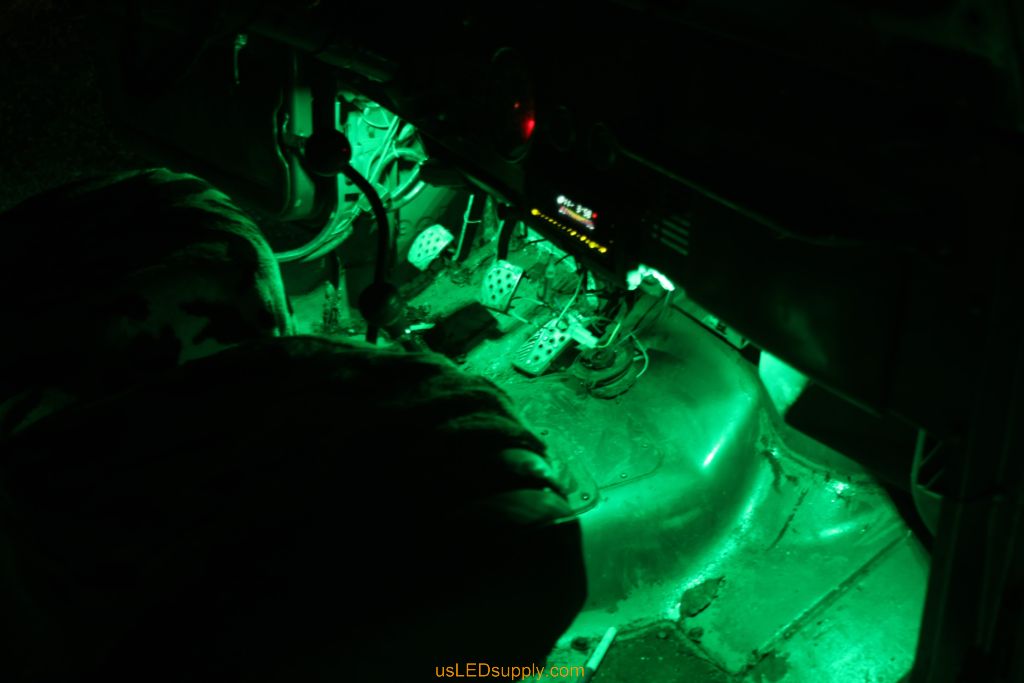 Green LED Module lights up under the dash in a jeep.