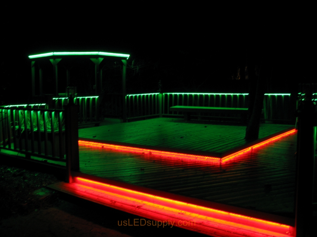 LED Deck Lighting with RGB Flexible LED Strips under railings and deck platforms.