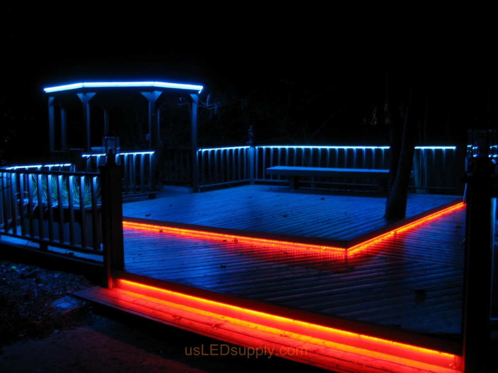 LED Deck Lighting with RGB Flexible LED Strips under railings and deck platforms.