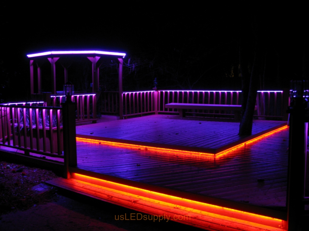 LED Deck Lighting with RGB Flexible LED Strips under railings and deck platforms.