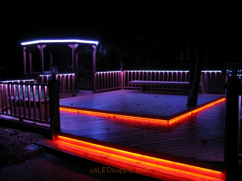 LED Deck Lighting with RGB Flexible LED Strips under railings and deck platforms.