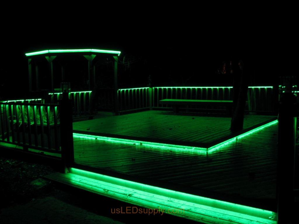 LED Deck Lighting with RGB Flexible LED Strips under railings and deck platforms.