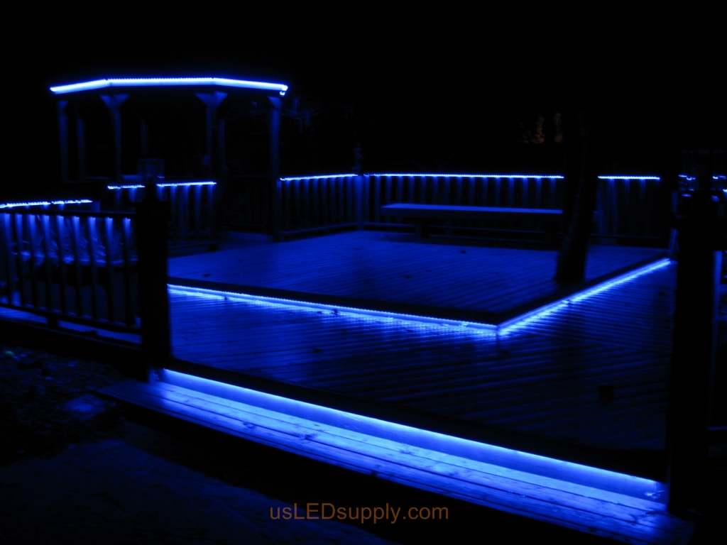 LED Deck Lighting with RGB Flexible LED Strips under railings and deck platforms.