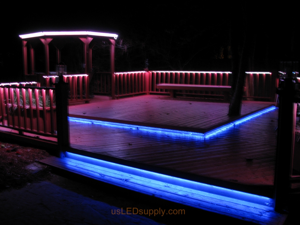 LED Deck Lighting with RGB Flexible LED Strips under railings and deck platforms.