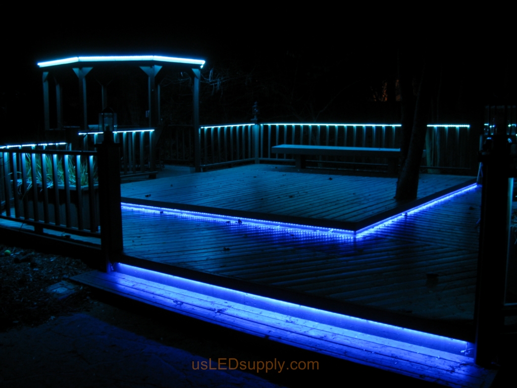 LED Deck Lighting with RGB Flexible LED Strips under railings and deck platforms.