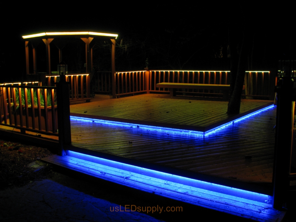 LED Deck Lighting with RGB Flexible LED Strips under railings and deck platforms.