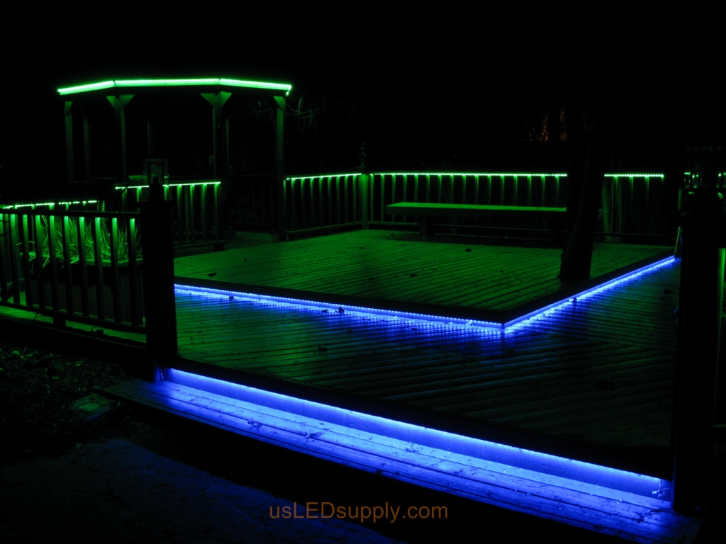 LED Deck Lighting with RGB Flexible LED Strips under railings and deck platforms.