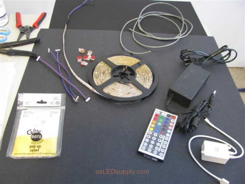 LED Supplies for LED silhouette art including RGB LED Strip, control cable, splice connectors, wire strippers, power supply, IR RGB controller.