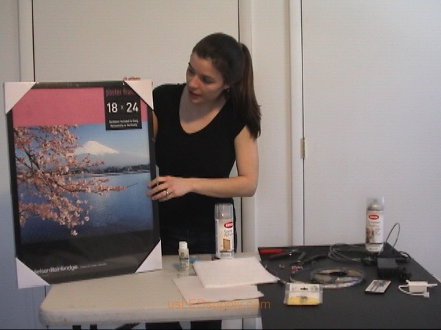 The poster frame used was made by nielsen bainbridge, but any frame deep enough to house the LEDs would be fine.