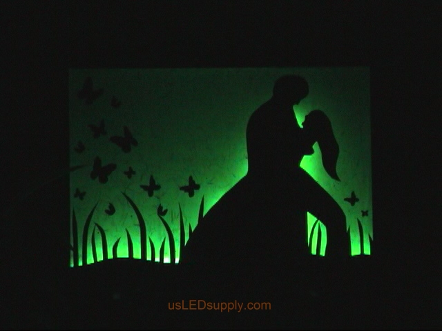 RGB LED silhouette art project with couple in love set on green color.
