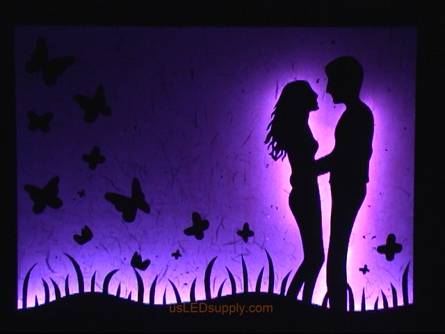 LED Silhouette Art set aglow with color Changing RGB LED Lights set on purple.