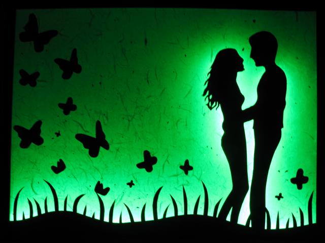 LED Silhouette Art set aglow with color Changing RGB LED Lights set on green.