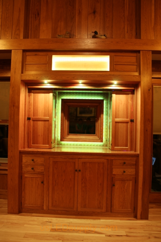 RGB LED Strips illuminate a window overlooking a lake.