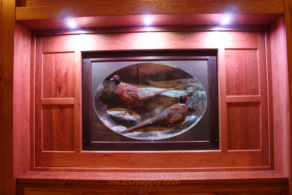 The door of the bar is closed and displays two pheasants in a glass case.