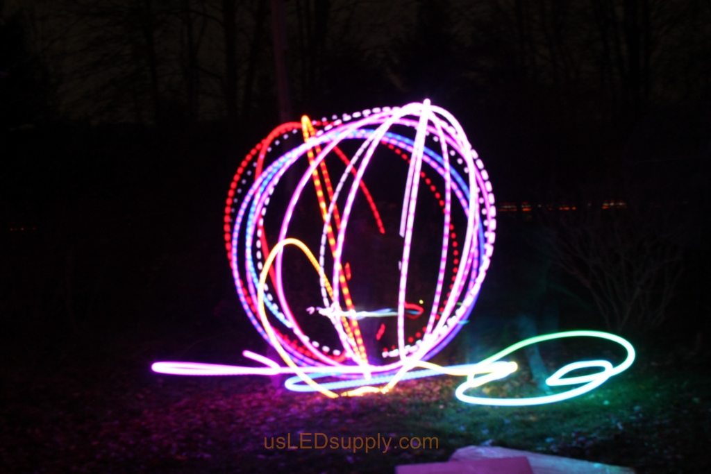 Light Art Circles made with color changing RGB LED inside a ping pong ball and set on a slow fade.