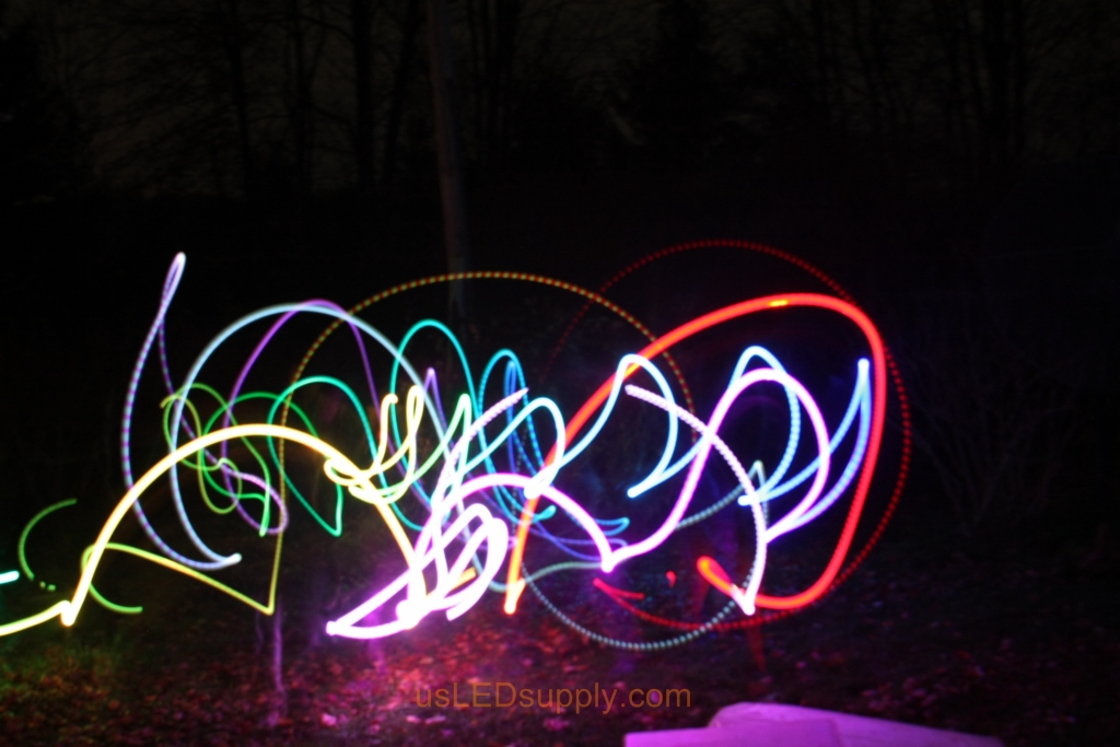 Light Art Circles made with color changing RGB LED inside a ping pong ball and set on a slow fade.