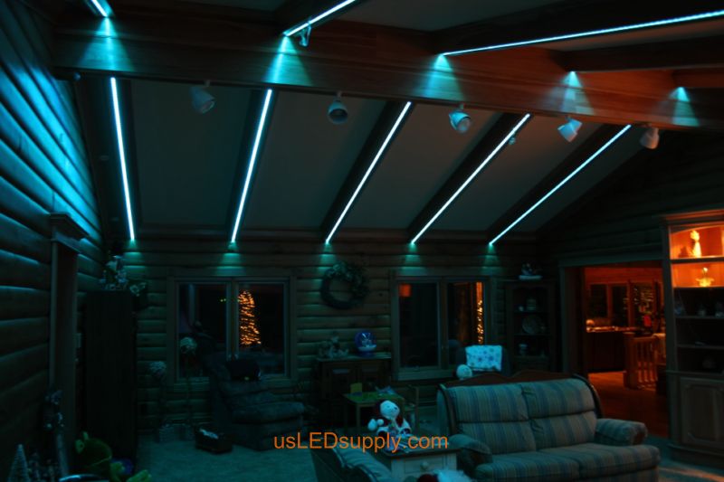 Livingroom with RGB Flexible LED Strips set on light blue color