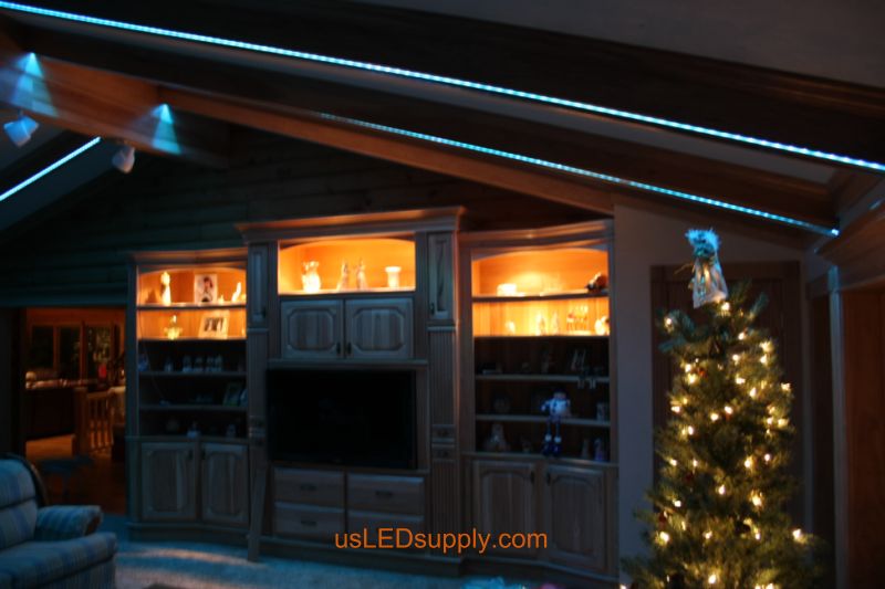 Livingroom with RGB Flexible LED Strips set on light blue color