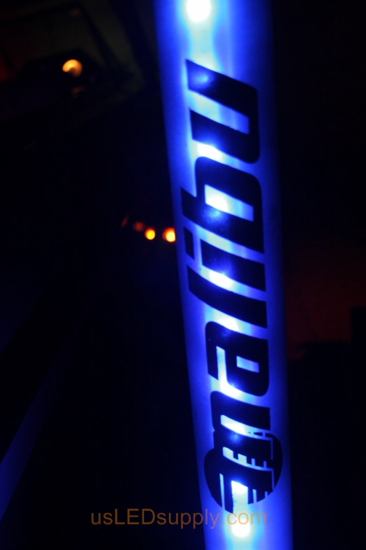 Pylon on boat trailer lights up blue with RGB LED Strip and illuminates Malibu logo.