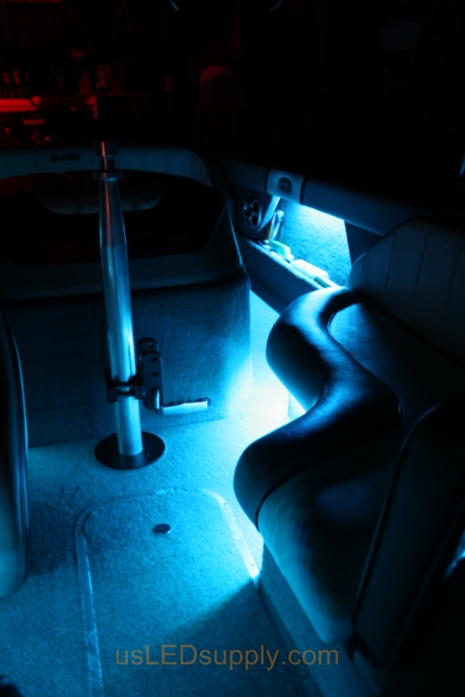 RGB Flexible LED Strips under seat bases on Malibu Sunsetter boat.