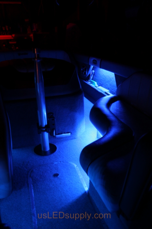 RGB Flexible LED Strips under seat bases on Malibu Sunsetter boat.