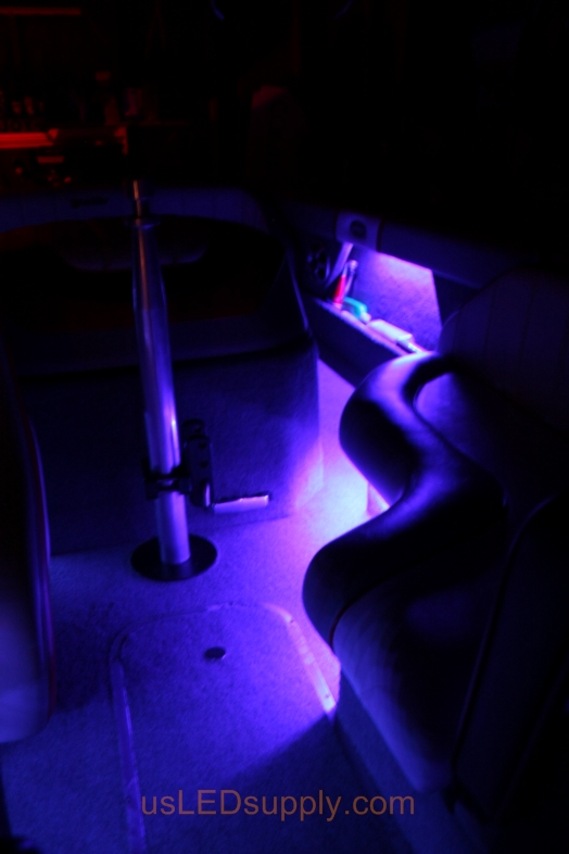 RGB Flexible LED Strips under seat bases on Malibu Sunsetter boat.