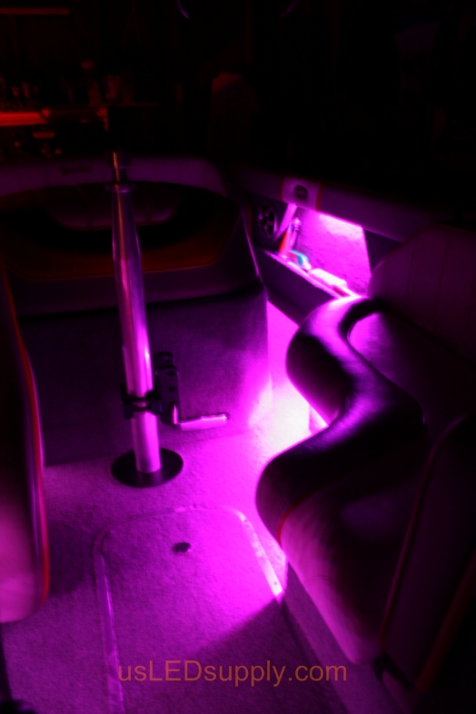 RGB Flexible LED Strips under seat bases on Malibu Sunsetter boat.
