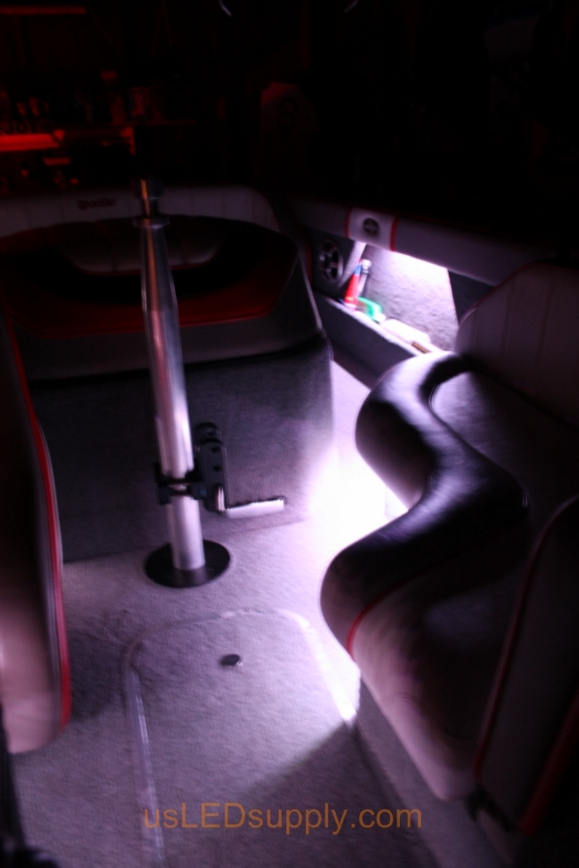 RGB Flexible LED Strips under seat bases on Malibu Sunsetter boat.
