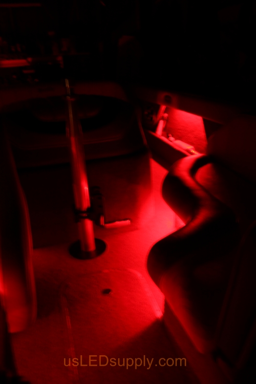 RGB Flexible LED Strips under seat bases on Malibu Sunsetter boat.