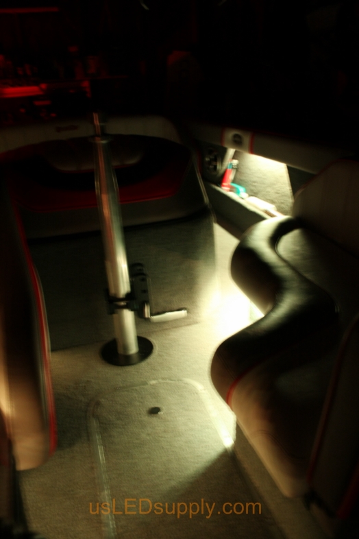RGB Flexible LED Strips under seat bases on Malibu Sunsetter boat.