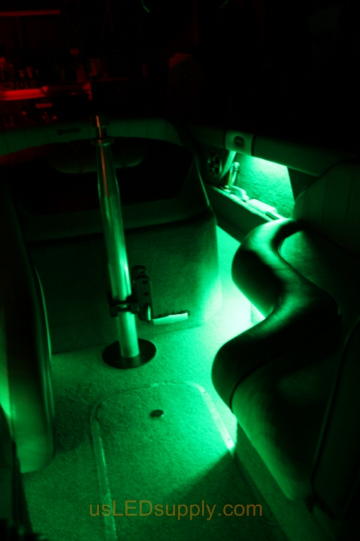 RGB Flexible LED Strips under seat bases on Malibu Sunsetter boat.