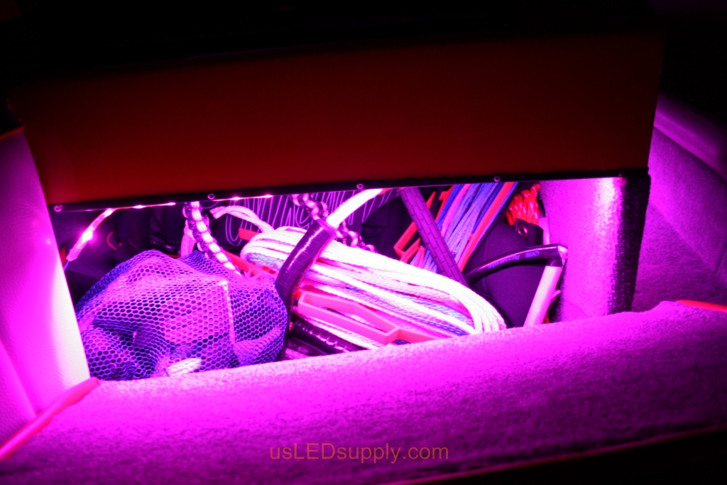RGB LED lights inside a storage compartment on a malibu sunsetter makes it easy to find your stuff.