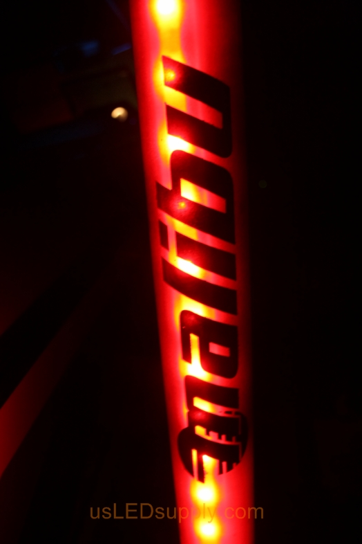 Pylon on boat trailer lights up red with RGB LED Strip and illuminates Malibu logo.