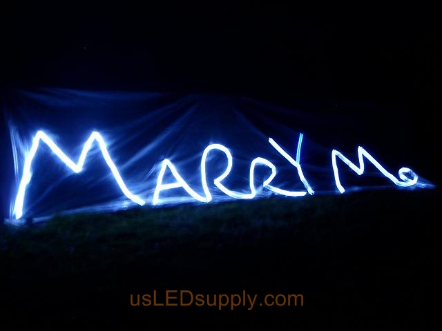 Marriage Proposal using cool white flexible LED strips formed into the words 