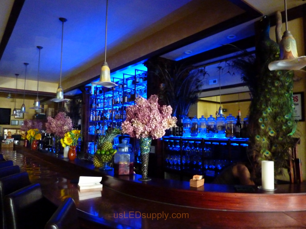 Oregon Bar wtih Color changing RGB Flexible LED Strips lighting up the glass bar shelving for a bright and dynamic effect.