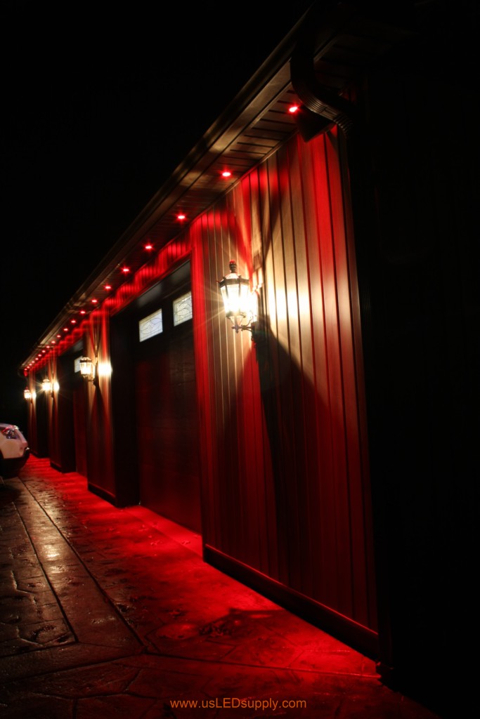 RGB Puck Lights outside of a garage.