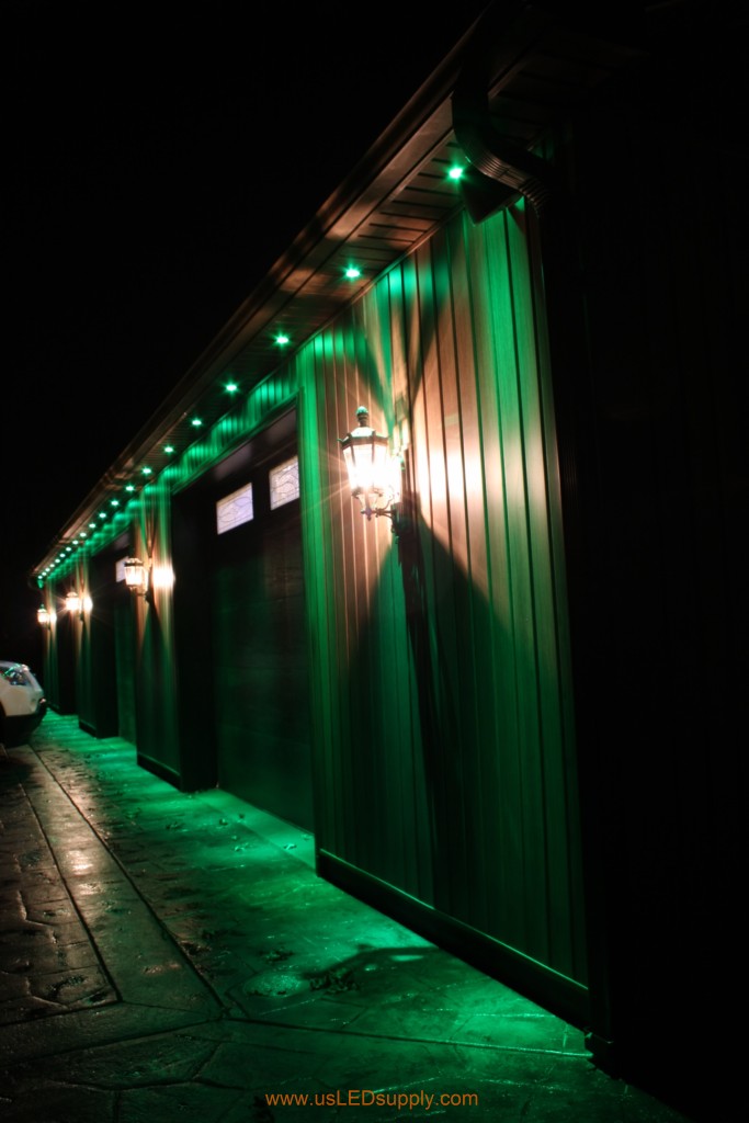 RGB Puck Lights outside of a garage.