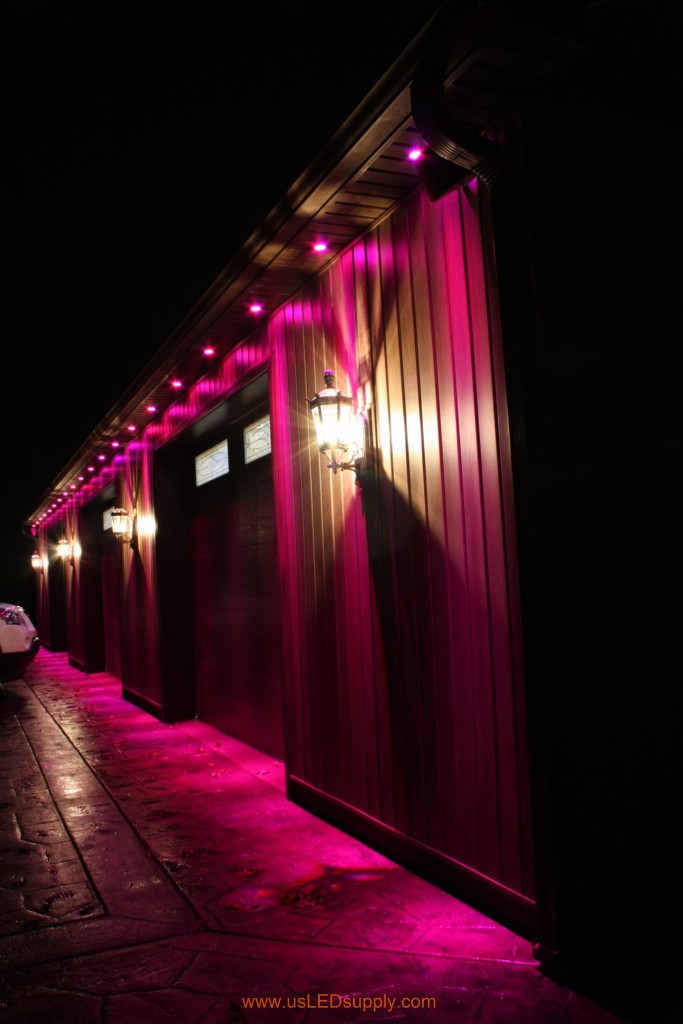 RGB Puck Lights outside of a garage.