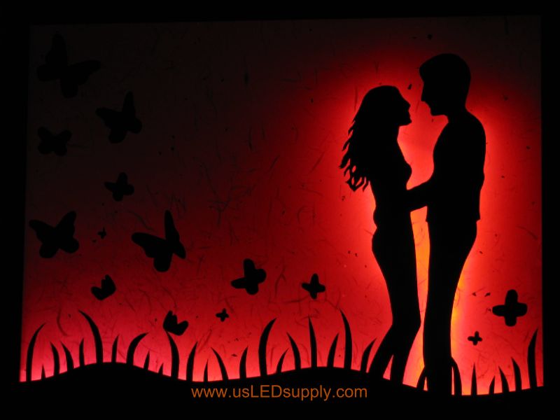 RGB LED silhouette art project with couple in love set on blue color.